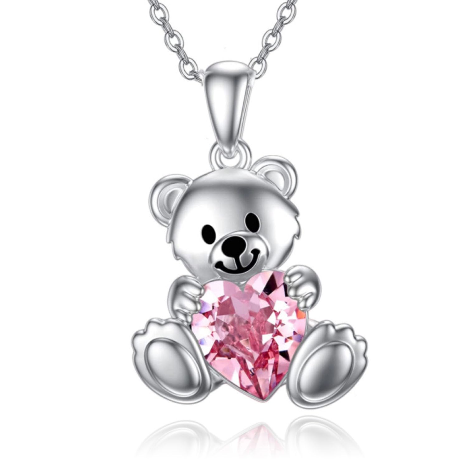 CTEWCute Bear Pink Heart Cubic Zirconia Crystal Drop Pendant Necklace for Women 14K Gold Plated Crystal CZ Dainty Choker Necklace | Silver Necklaces Wedding Necklace for Women