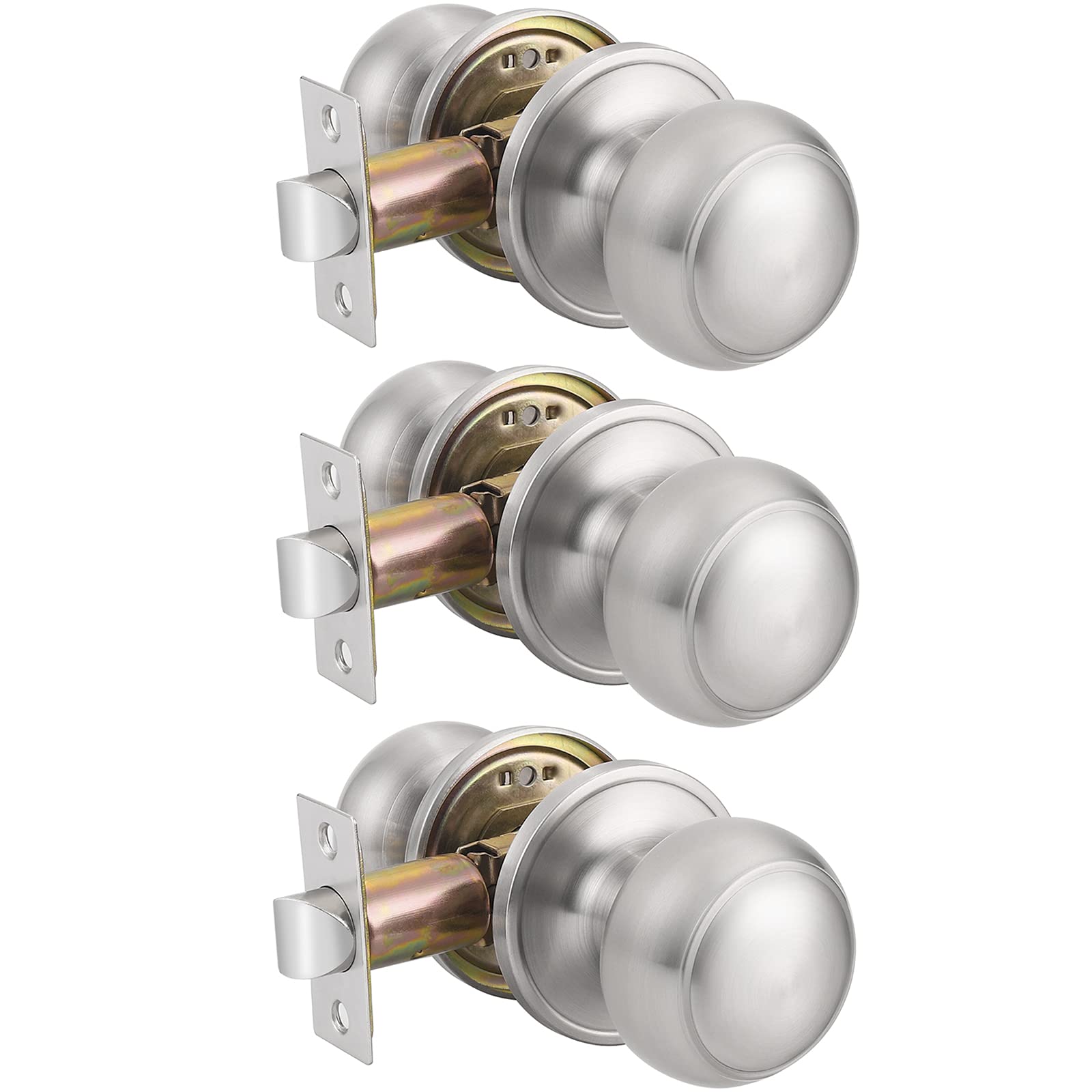 ProbricoBrushed Nickel Passage Door Knobs, Stainless Steel Interior Door Knobs, Keyless Door Knobs for Hallway, 3 Pack