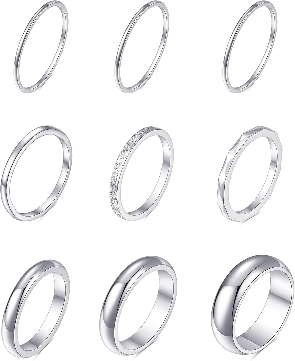 Tornito 9Pcs Stackable Eternity Ring Stainless Steel Band Knuckle Engagement Wedding Ring Size 4-10 for Women Silver Rose gold Tone