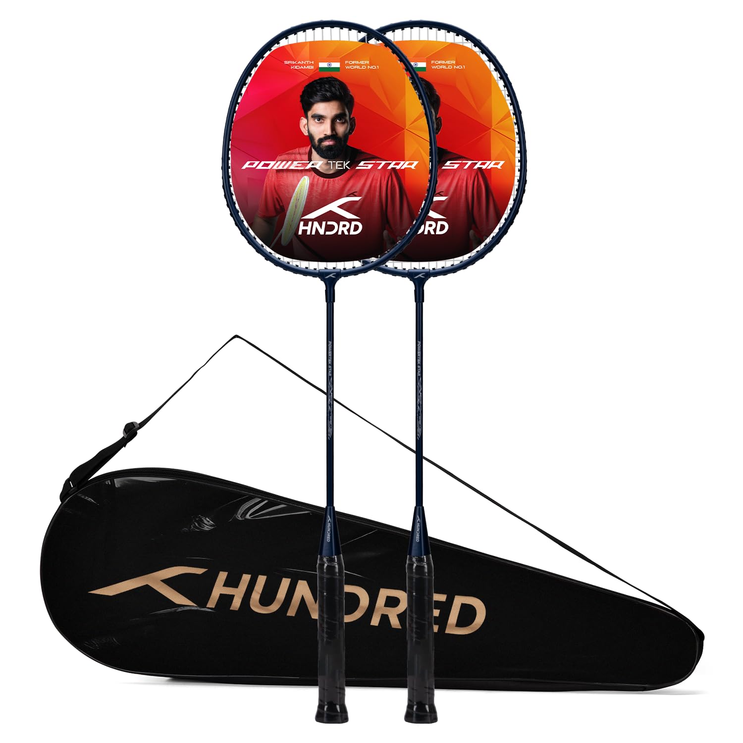 Hundred Powertek Star Badminton Racket Set – 2 Strung Rackets with Full Cover, Lightweight, Durable, Ideal for Beginners & Match Play