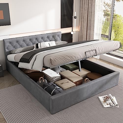 Laxnb Cama Tapizada 140x200 cm Cama Matrimonio, Cama Juvenil con Almacenaje Hidráulico, Camas Matrimoniales con Cabecero, Estructura Camas Doble con Lamas de Madera, Sin Colchón, Terciopelo Gris