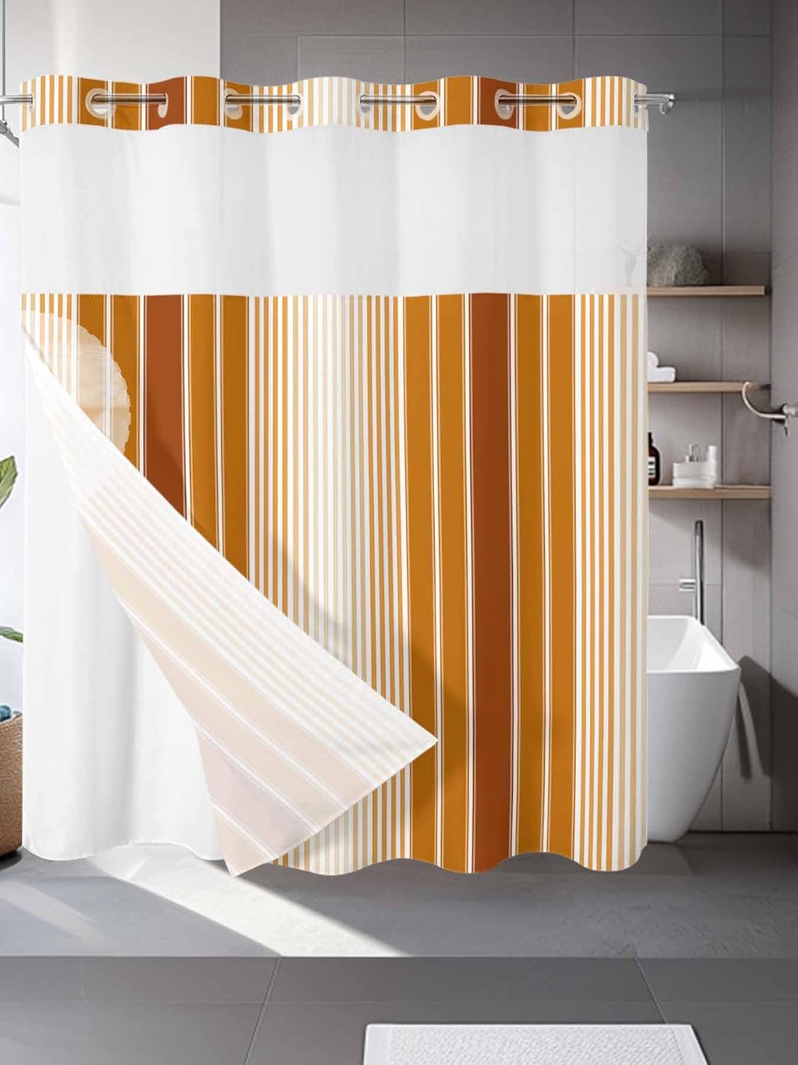No Hook Shower Curtain, Burnt Orange Ombre Stripe Long Bathtub Curtains with Snap in Liner, Farmhouse Simple Striped Waterproof Washable Fabric Bathroom Curtain Sets, 72" x 78"