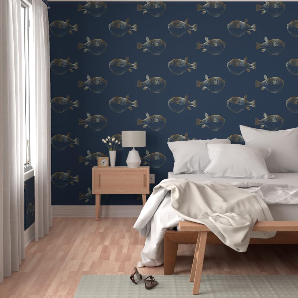Removable Wallpaper 3ft x 2ft - Pufferfish Blowfish Faux Gold Navy Dark Blue Sea Life Custom Pre-Pasted Wallpaper by Spoonflower