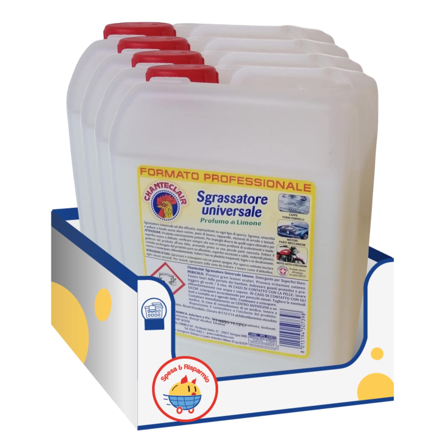 Sgrassatore Professionale al Limone – Tanica da 5 Litri – Pulizia Profonda Multiuso per Cucina e Superfici kit con Spugna Brandizzata SPESA & RISPARMIO Inclusa – Variazioni 4/8 Pezzi (4)