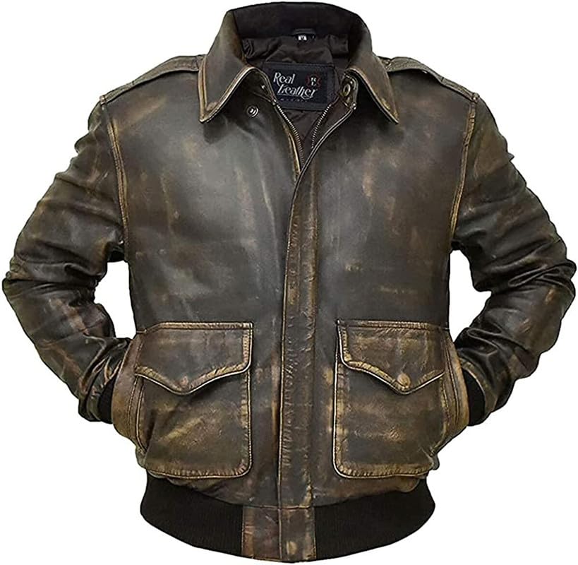 A2 Aviator Pilot Air Force Men Vintage Brown Flight Genuine Leather Bomber Jacket - Leather Aviator Jacket Men