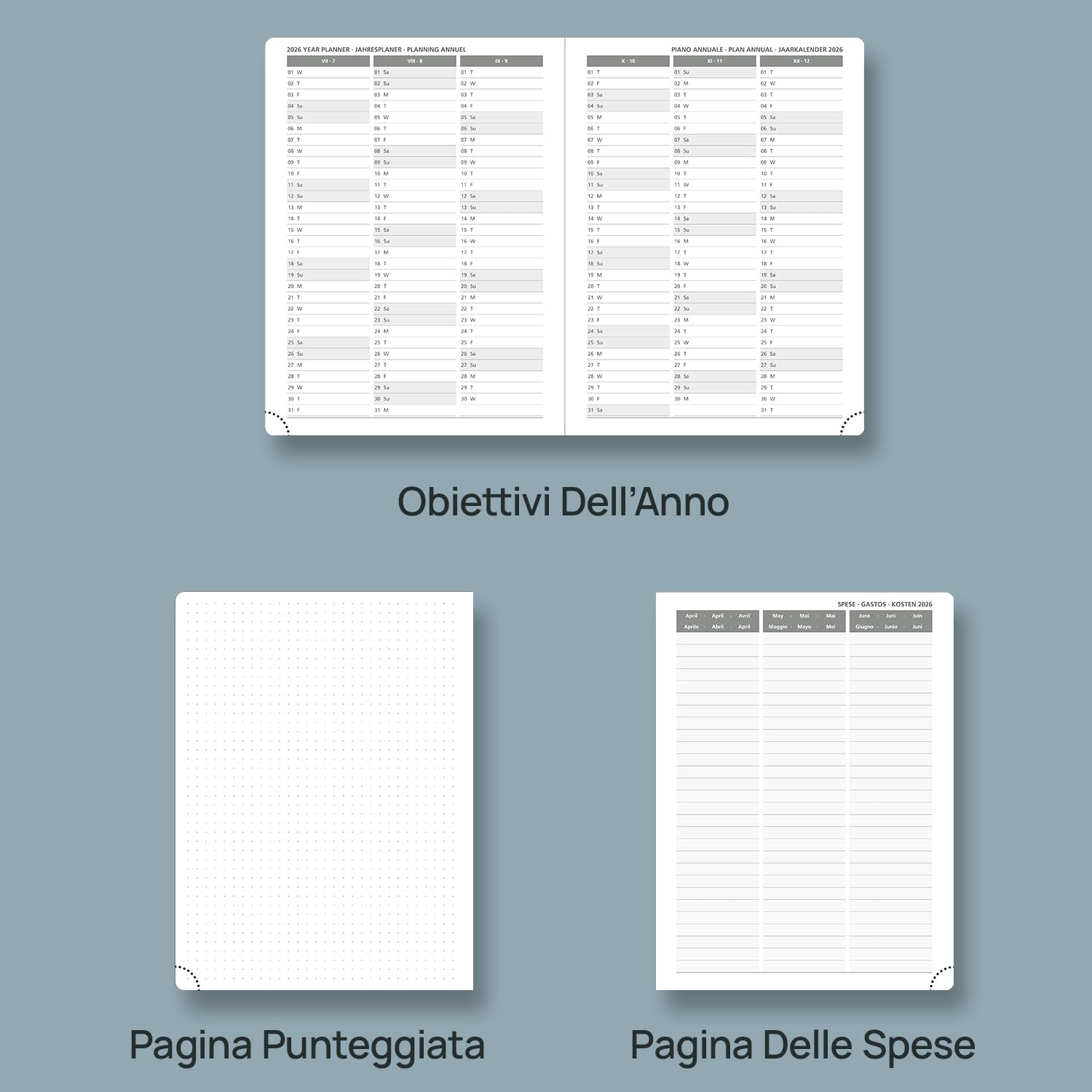 POPRUN Agenda Settimanale 2026 Verticale 22 x 16,5 cm, Copertina Morbida in Pelle Vegana, Planner 2026 con Tag Mensili, Carta Spessa da 100 GSM, Verde Pacifico