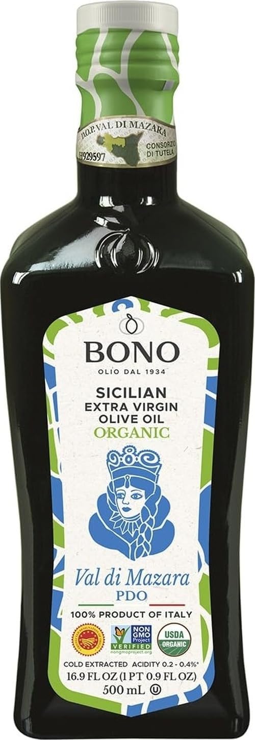 Bono Organic Sicilian Extra Virgin Olive Oil Val di Mazara PDO, 16.9 Fl Oz โ USDA Organic, Non-GMO, Cold Extracted, Certified Gluten Free, Clean Label Project Purity Award Winner