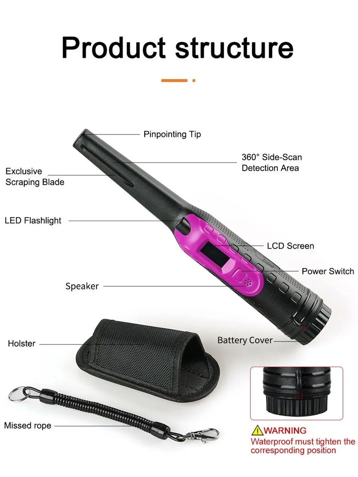 Wykrywacz metali, Wykrywacz metali Pinpointer LCD W pełni wodoodporny Podwodny 30m/50FT Wykrywacz metali do złota Pinpointer 360° Szukaj skarbów