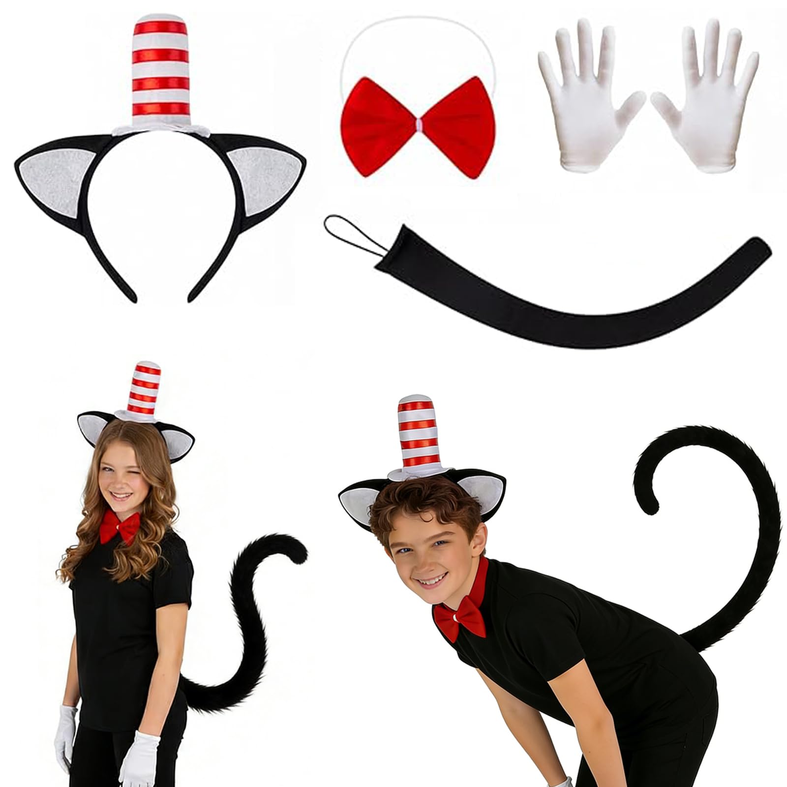 4Pcs Cat In the Hat Costume, Carnival Costume, Cat Costume Adult with Striped Design,Complete Set with Gloves Headwear Bow Tie and Tail, Cat In The Hat Costume Adult for World Book Day Carnival Party