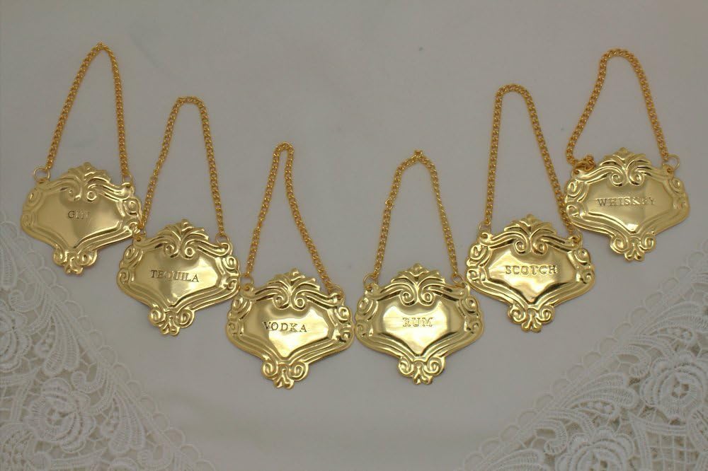 Set/6 Brass Plated Silver Engraved Fancy Floral Decanter Labels Liquor Bottle