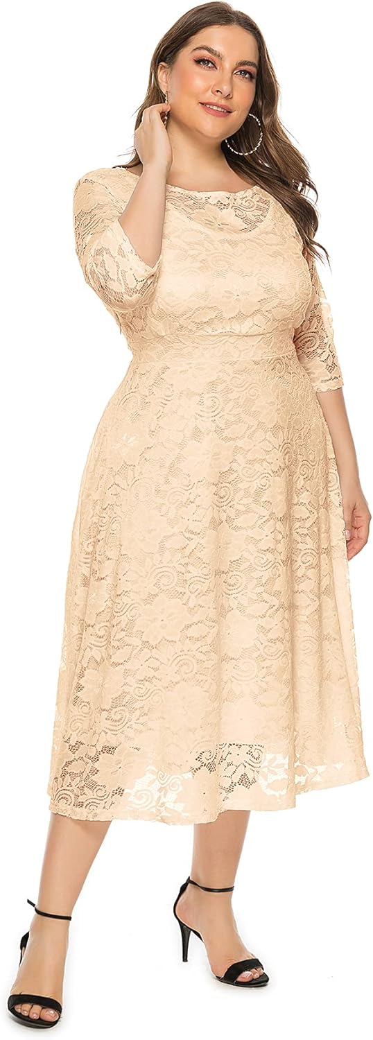 Eternatastic Womens Floral lace Plus Size Midi Dress Scooped Neckline Cocktail Party Dresses - Image 5