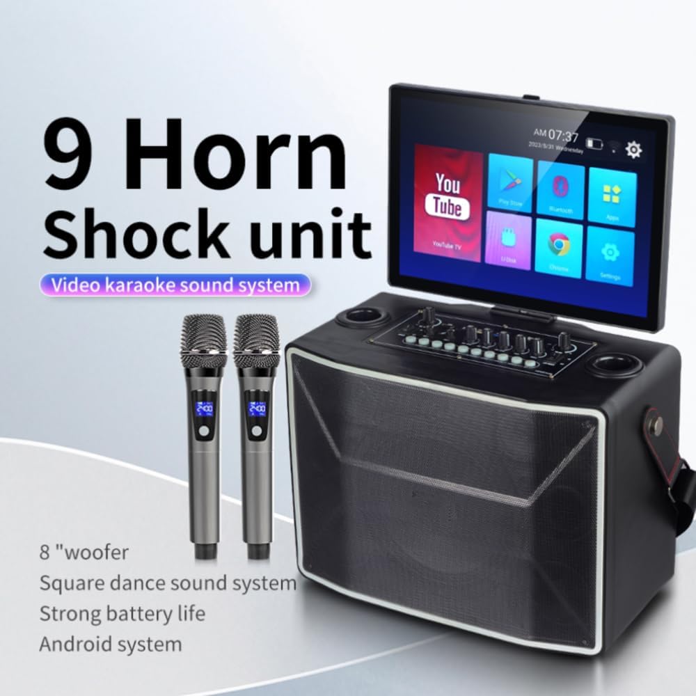 Karaoke System Machine,Portable Singing Speaker with Wireless Microphone for Kids and Adults,15.7" Touch Screen Tablet Display Lyrics,WiFi Android Battery Party Guitar Speaker