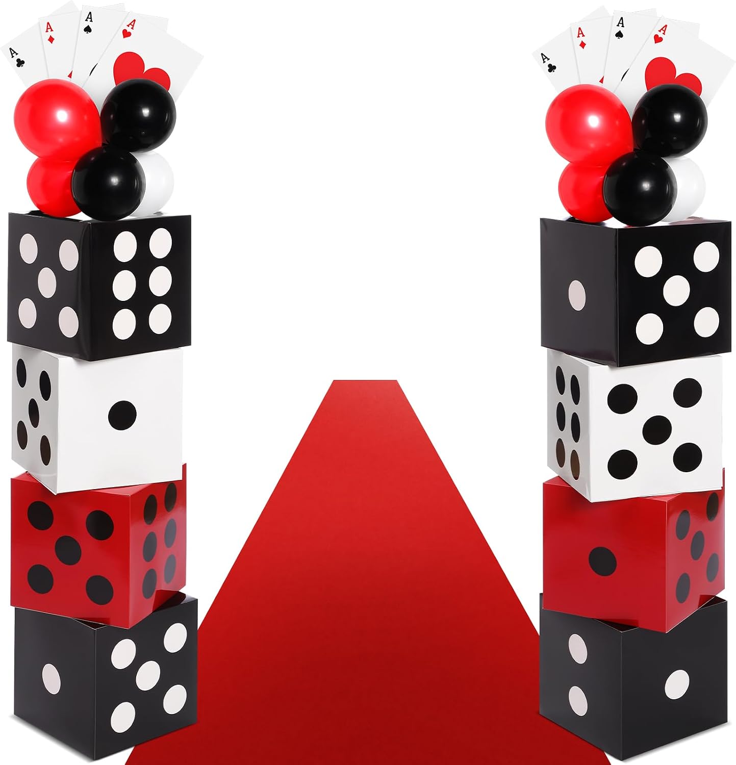 52 Pcs Casino Themed Decorations Set Las Vegas Game Night Entryway Door Party Decor 8 Pcs 12 Inch Large Dice Boxes 8 Jumbo Poker Cards 30 Pcs Balloon Aisle Runners for Birthday Celebration