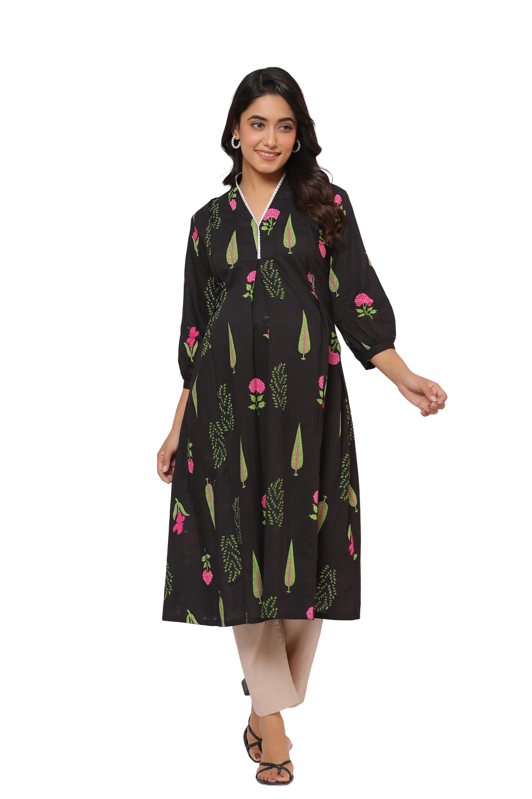 Pre & Post Maternity/Nursing Wear Hand Printed Kurta Cum Midi Dress/Nighty with Both Sides Zipper Easy Feeding to Be Moms & Nursing Mothers Cotton Power Black-image-5