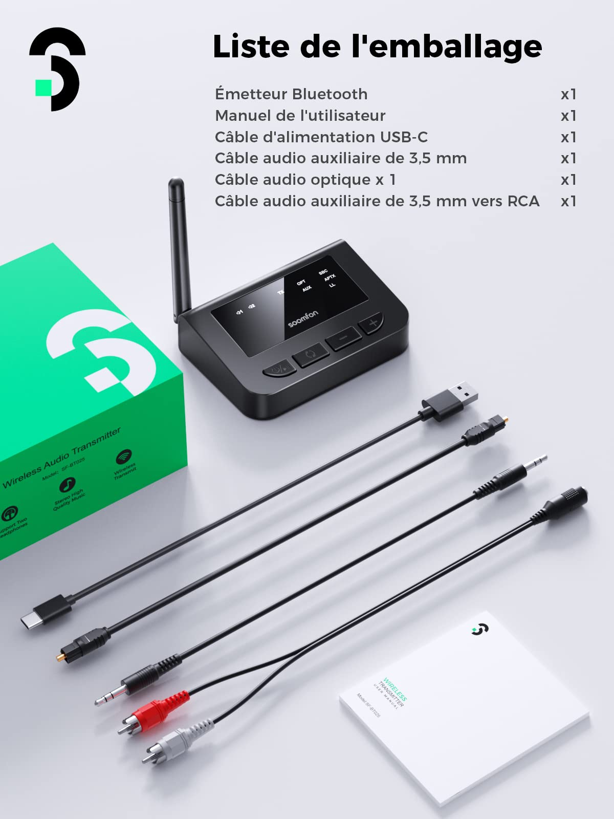 SOOMFON aptX LL Émetteur Bluetooth TV Transmetteur Audio Bluetooth 5.0 avec Réglage du Volume, Adaptateur Bluetooth pour Téléviseur/PC, aptX Low Latency, portée Ultra-Large, Aux/RCA/Optique