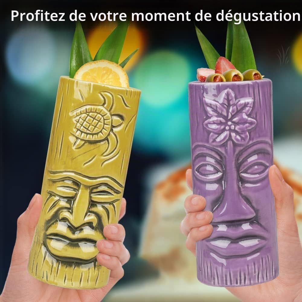 SuproBarware Lot de 4 Tasses Tiki en Céramique, Verres à Cocktail Exotiques avec Pailles, Gobelets pour Fête Hawaïenne Mai Tai Pina Colada, Accessoires de Bar Professionnel
