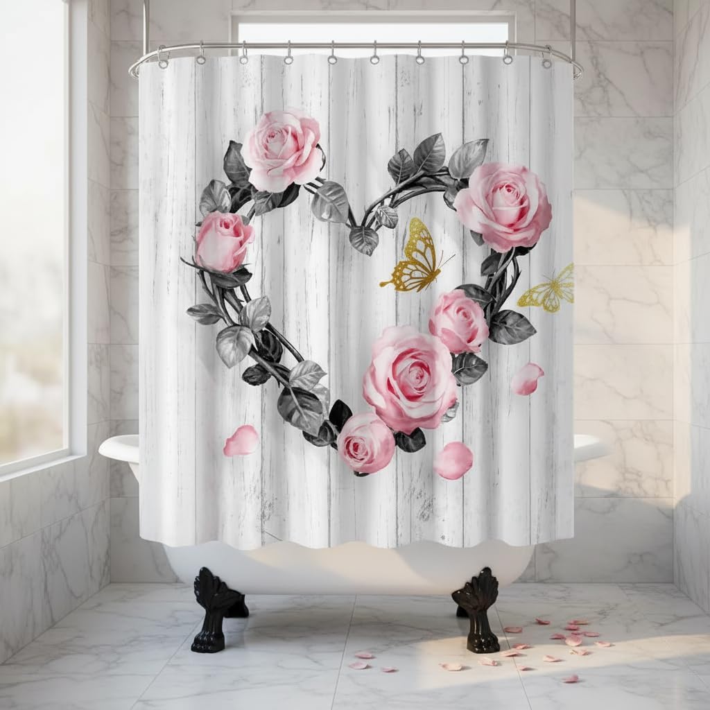 Love Shower Curtain Pink Roses Butterflies Bathroom Curtain Rustic Floral Bathroom Decor with 12 pcs Hooks 72''L x72''W (Pink)