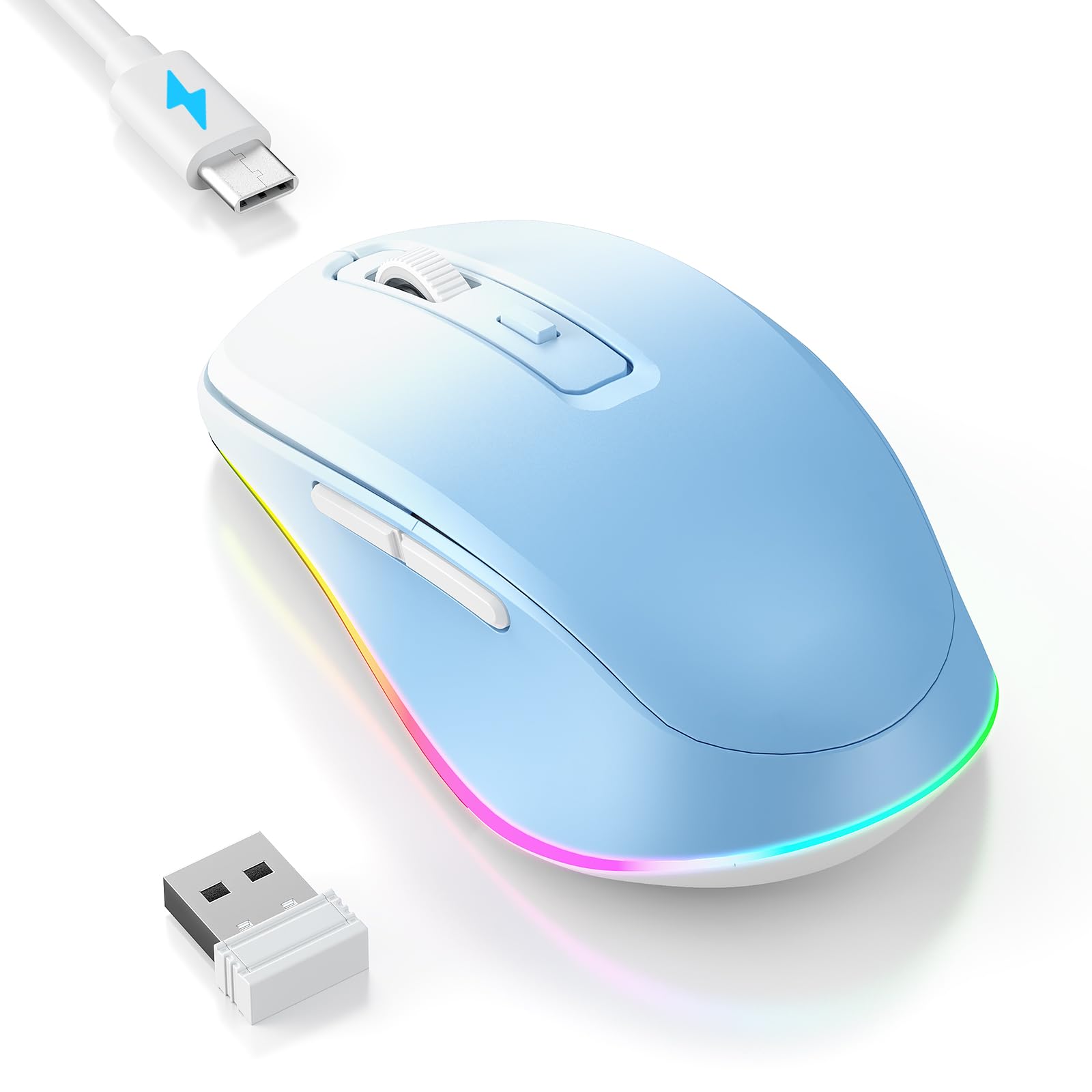 PEIOUS Wireless Mouse Jiggler - LED Wireless Mice with Build-in Mouse Mover, Rechargeable Moving Mouse for Laptop with Undetectable Random Movement Keeps Computers Awake - Blue to White-picture-13