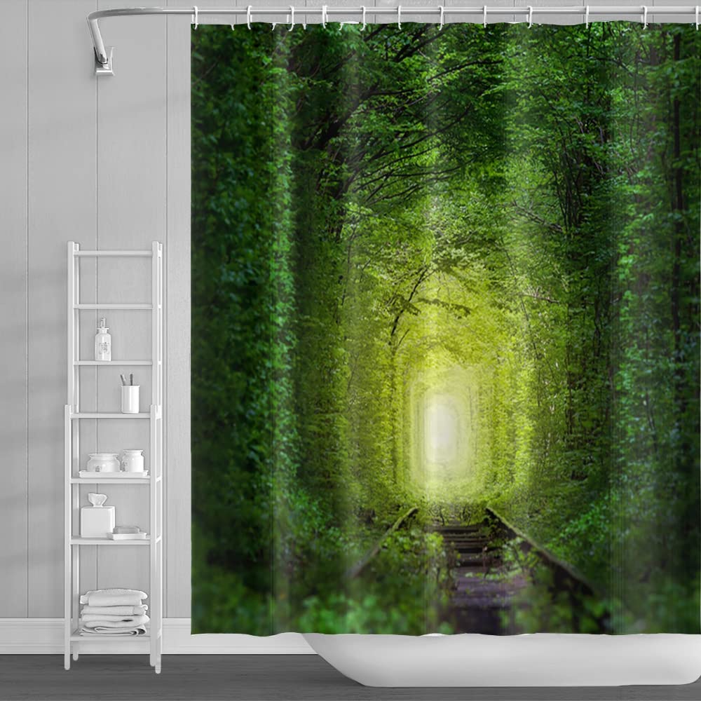 SDOTPMT 180x240cm Magic Forest Shower Curtain Vintage Old Railway Track Fairytale Fantasy Jungle Tree Bath Curtain Green Plant Leaf Natural Shower Curtain for Bathroom Fabric Polyester with Hooks