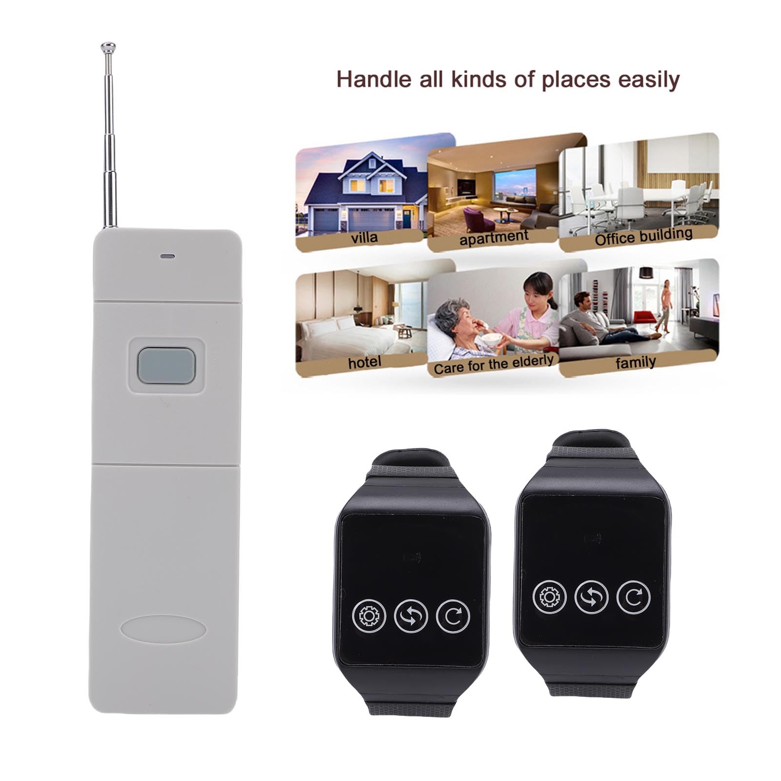 Dpofirs System Inalámbrico de Llamadas de Buscapersonas para Restaurantes, Compatible con 98 Canales, 2 Relojes Receptores, 1 Transmisor, System de Buscapersonas para Cuidadores para