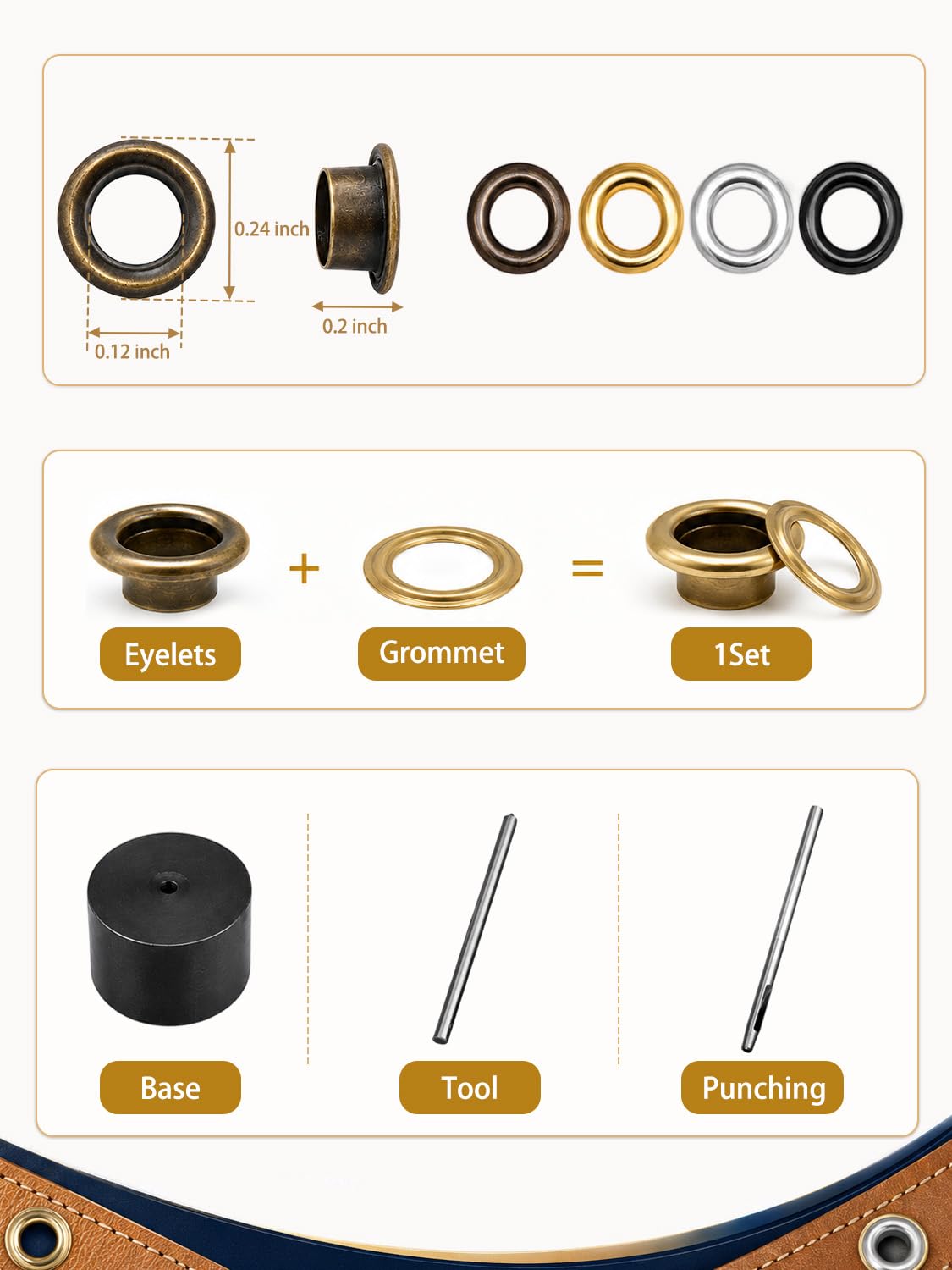 Moofey 420 ojales y ojales, kit de ojales de cuero de 3 mm, juego de 3 herramientas de trabajo manual, kit de ojales para manualidades, ropa, accesorios de costura