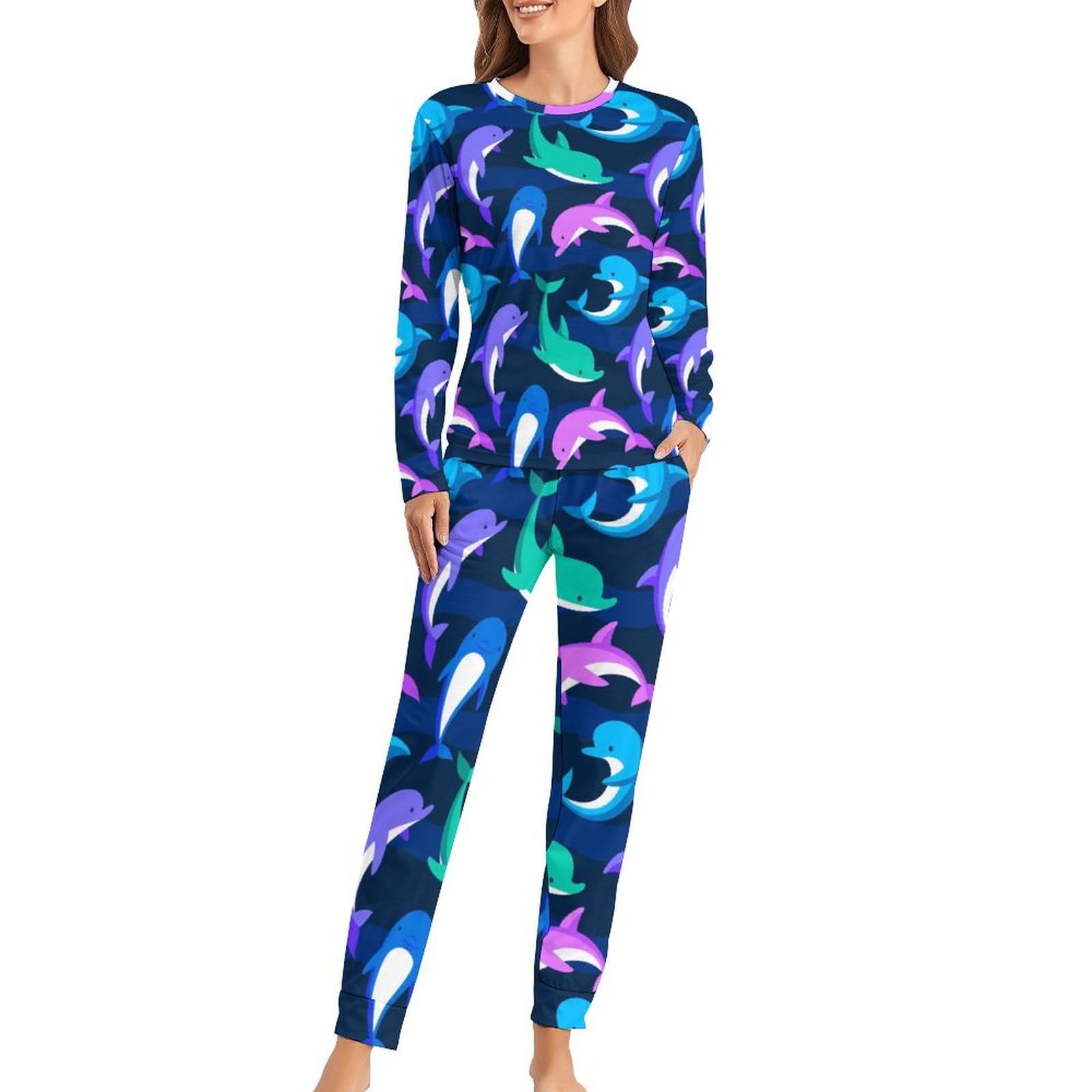 Colorful Dolphins Women's Pajamas Set Long Sleeve Sleepwear Soft Pjs Lounge Sets with Pockets 3XL