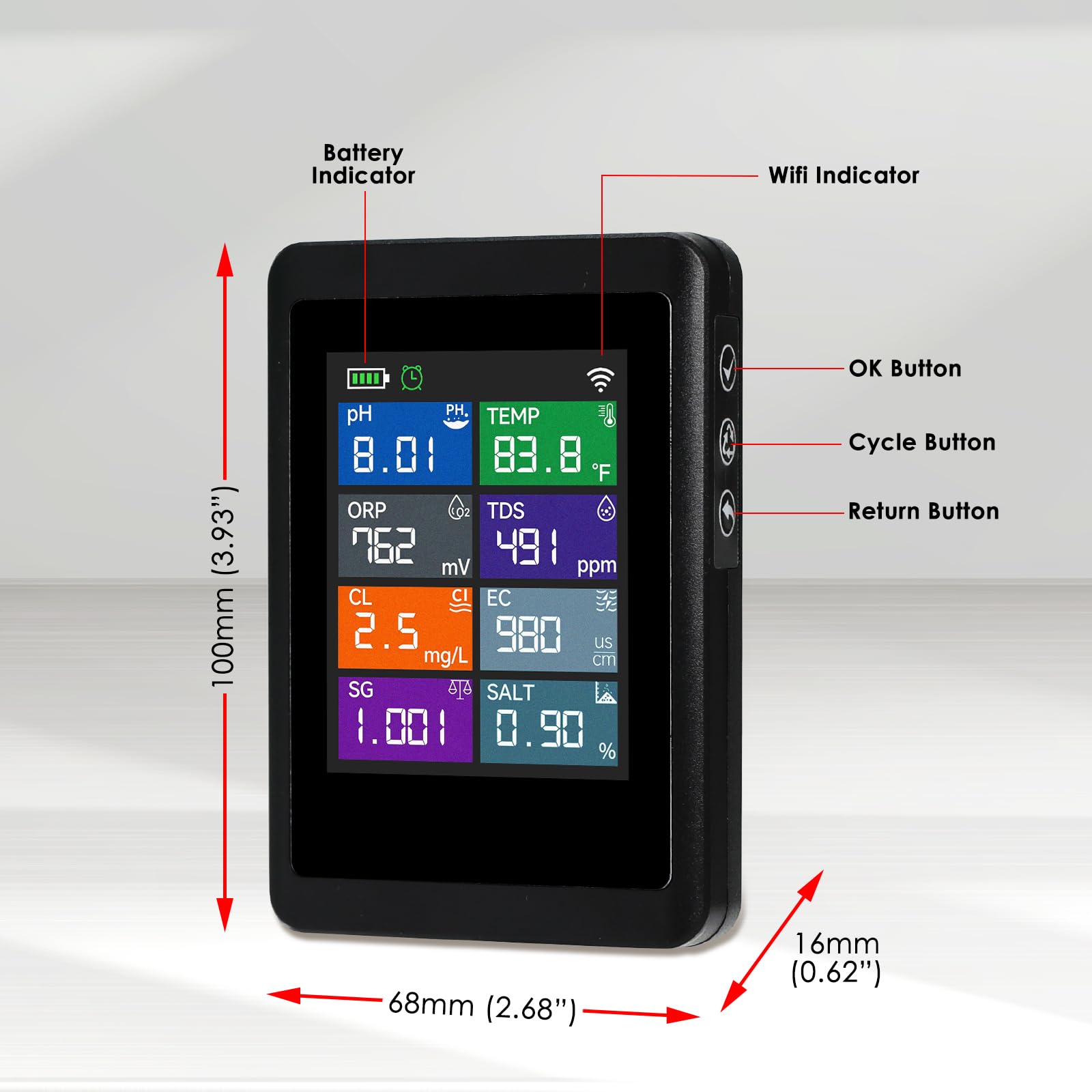Intelligenter 8-in-1 Wasserqualitätstester mit WLAN, überwacht pH, ORP, Chlor, Salzgehalt, TDS, EC, spezifisches Gewicht und Temperatur per Tuya-App für Pools, Spas, Whirlpools und Aquarien.