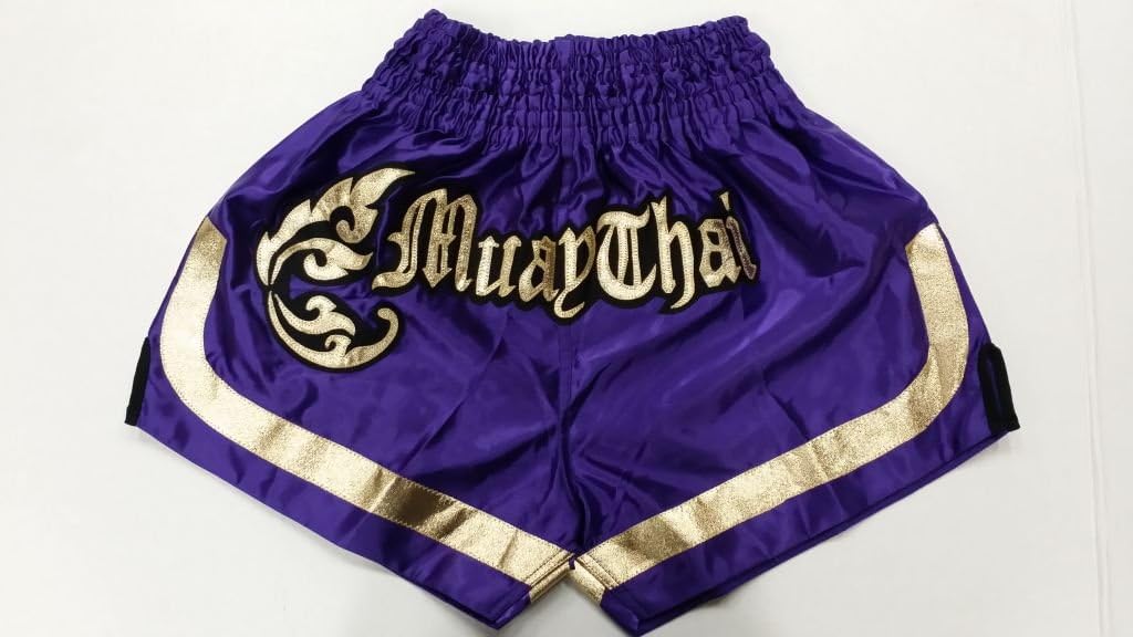 Woldorf USA MMAボクシングムエタイShorts inサテンロイヤルパープルゴールドCutt Letters
