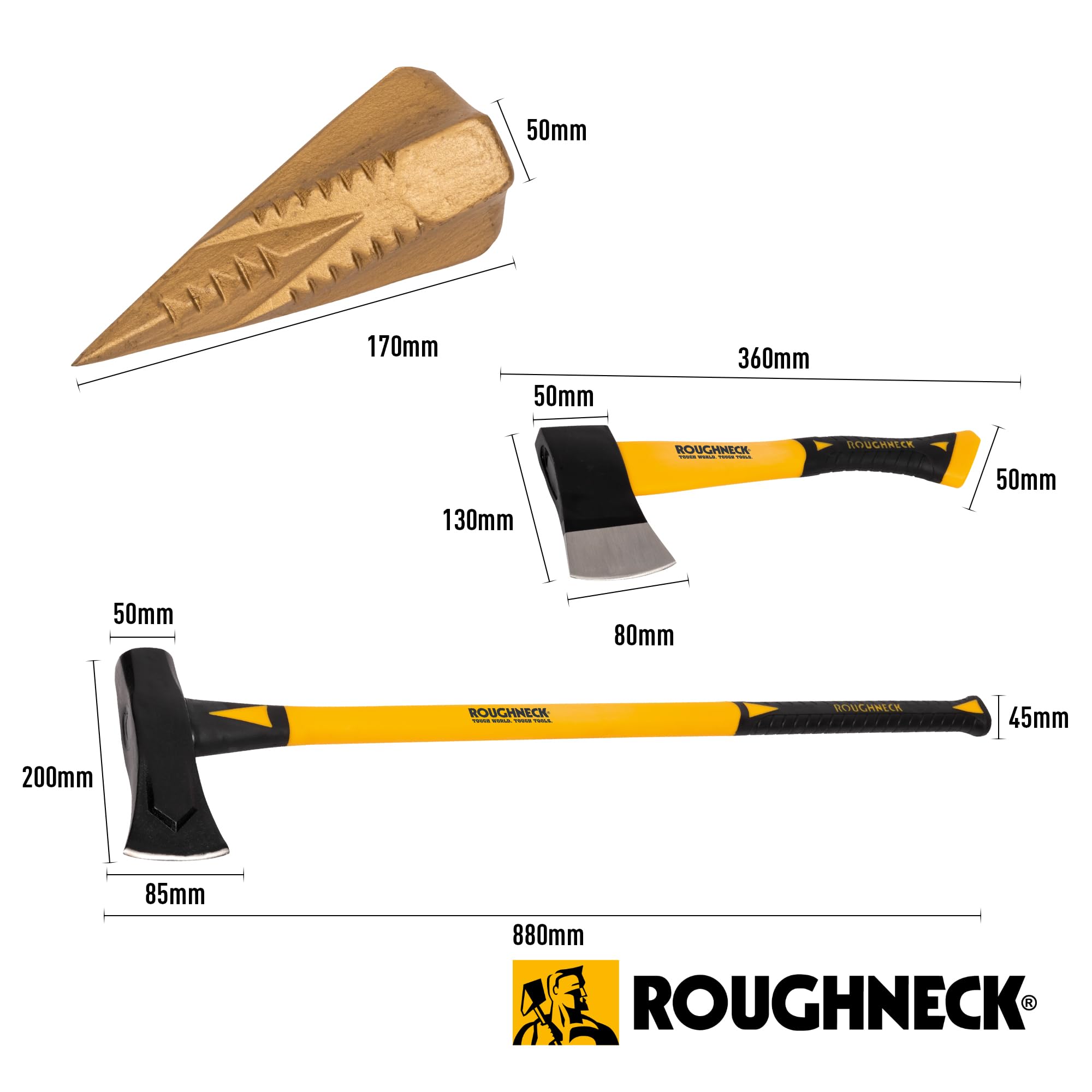 Roughneck Zestaw do Cięcia i Łupania Drewna ROU65501, 3 Części, w tym Łuparka (2,7 kg), Siekiera (0,6 kg) i Klin Rozłupujący Wood Grenade, Żółto-Czarny