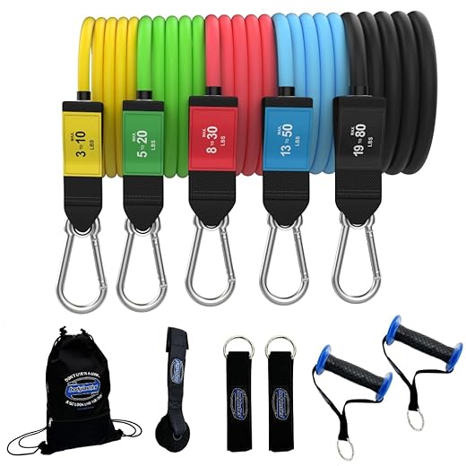 Bodylastics Resistance Band Set-Resistance Bands with Handles, Ankle Straps, Door Anchor, Carry Bag Heavy-Duty Stretch Exercise Bands-Patented Clips and Snap Reduction Tech (3-96LBS Set Assorted)