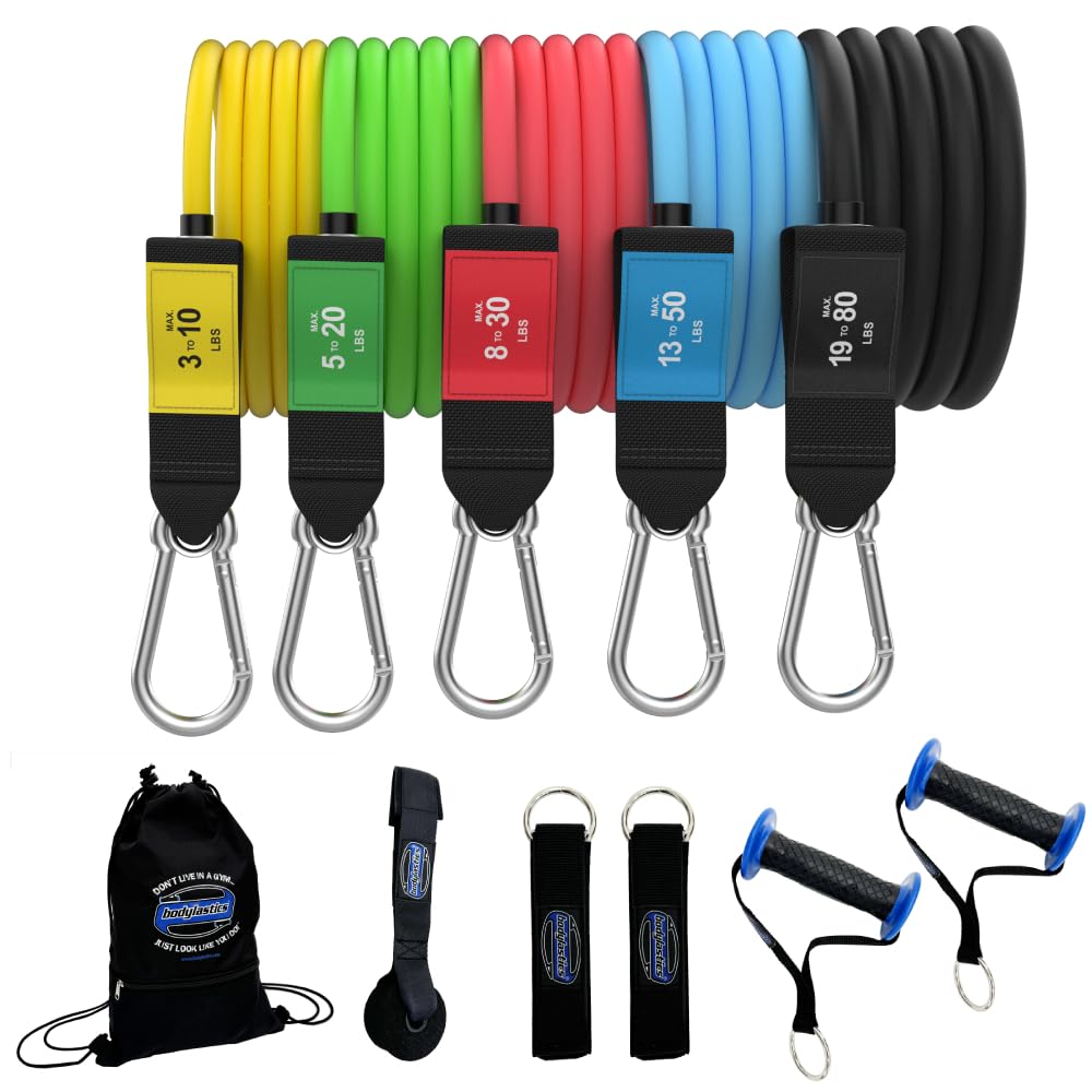 Bodylastics Resistance Bands Set with Patented Anti-Snap Elastics, Patented Clips, Upgraded Handles, Door Anchor, Legs, Wrist Ankle Straps, Manual & Bonus 44 Workouts.