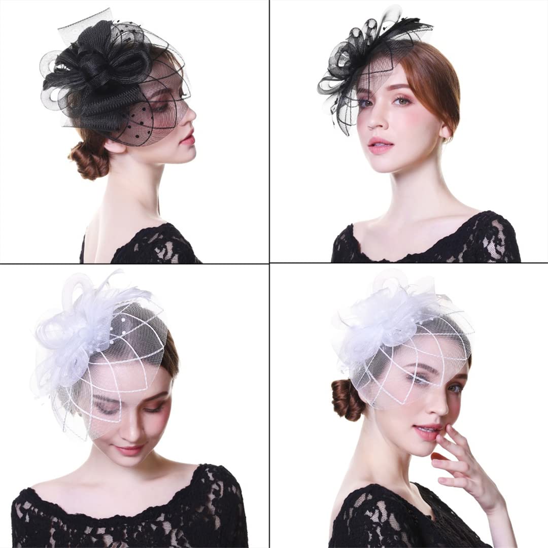 Cappello da donna con fiori, nastri in rete e piume, fascia for capelli o fermaglio for cocktail e tè.,Fermagli per capelli con fiori e piume(9063)