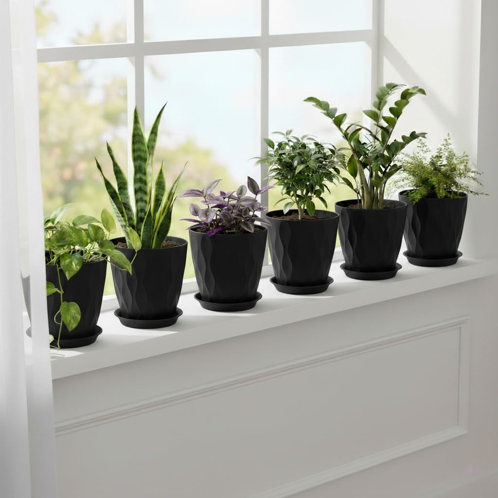 Macetas de 8 pulgadas, paquete de 6 macetas de plástico para plantas de interior y exterior, macetas con agujeros de drenaje y platillo, maceta de jardín para plantas (color negro)