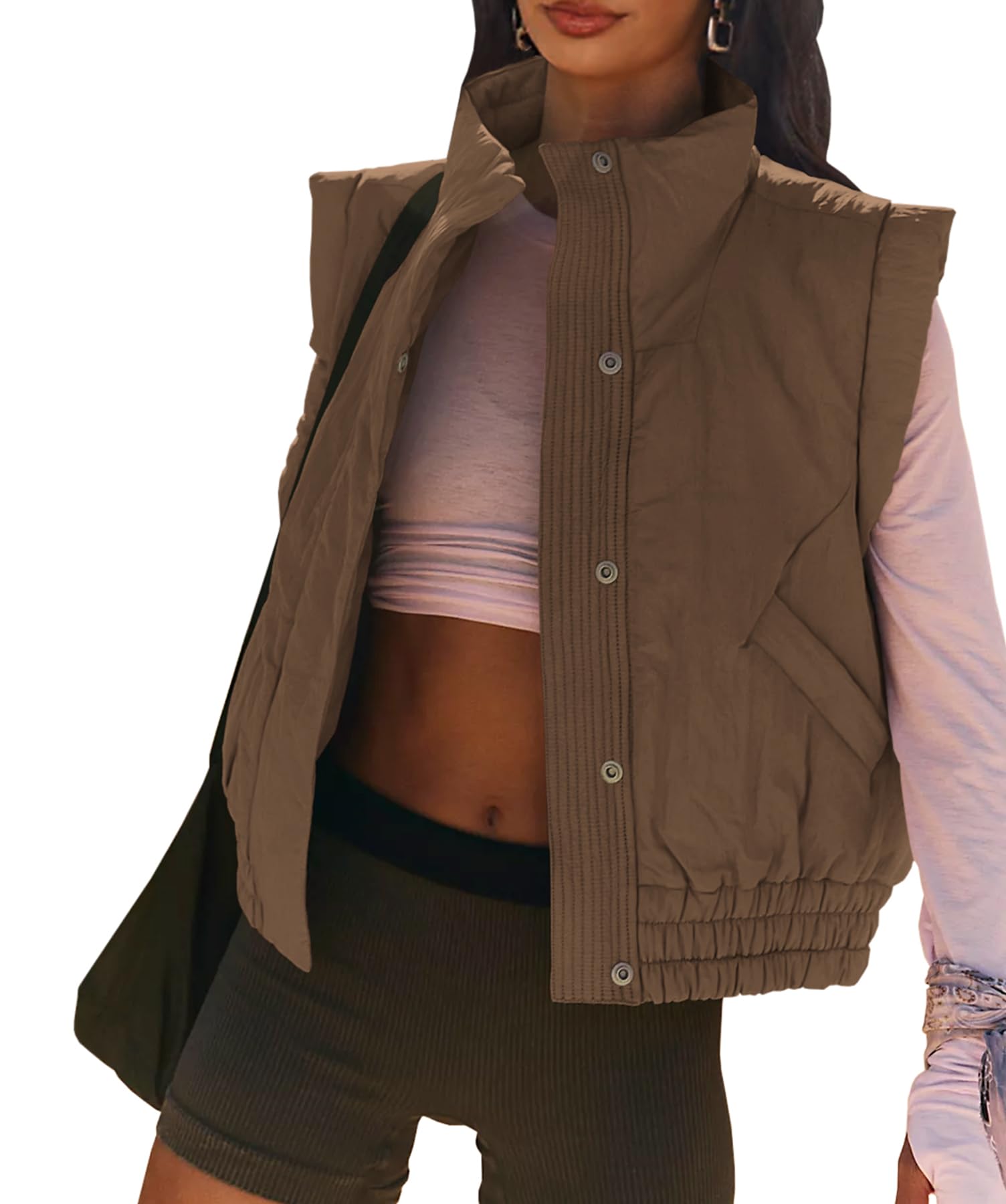 Women's Lightweight Puffer Vest Button Down Crop Quilted Vest Coat Stand Collar Sleeveless Padded Gilet With Pockets-image-20