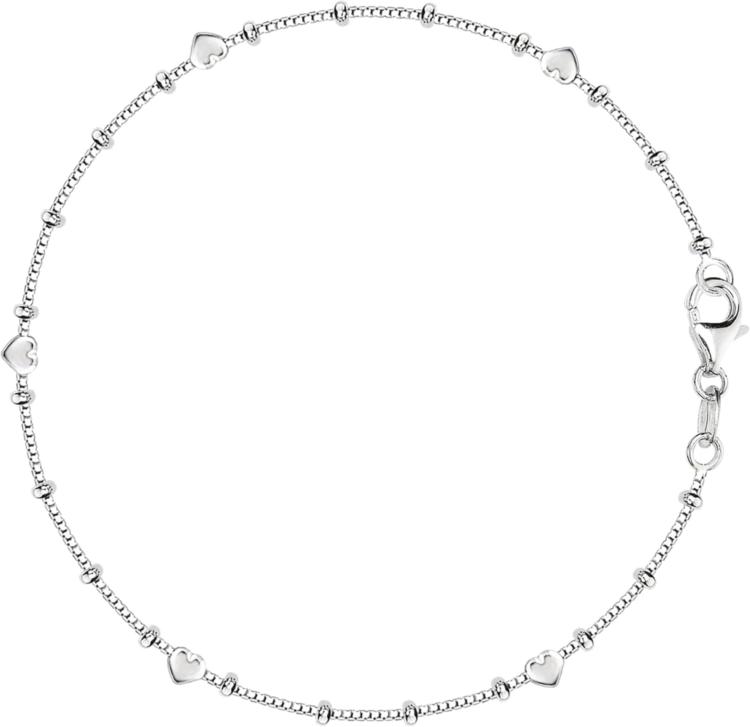 Jewelry Affairs Box Chain With Heart Beads Anklet In Sterling Silver