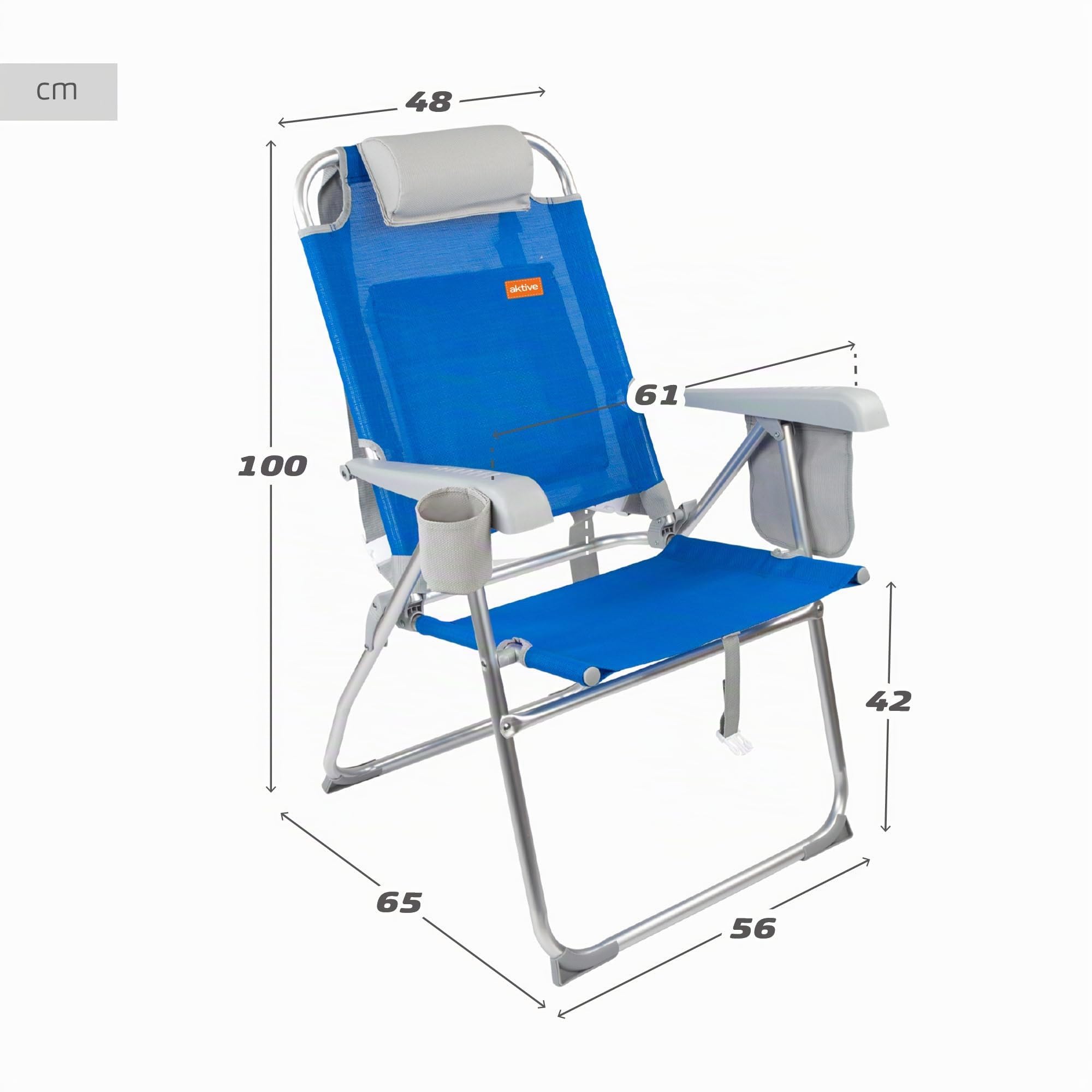 AKTIVE Chaise de Plage Pliable et Inclinable, Résistante au Poids, Chaise Pliante Portable, 47 X 63 X 99 cm, avec Coussin, Sac en Filet et Poche latérale, Chaises de Plage (62631)