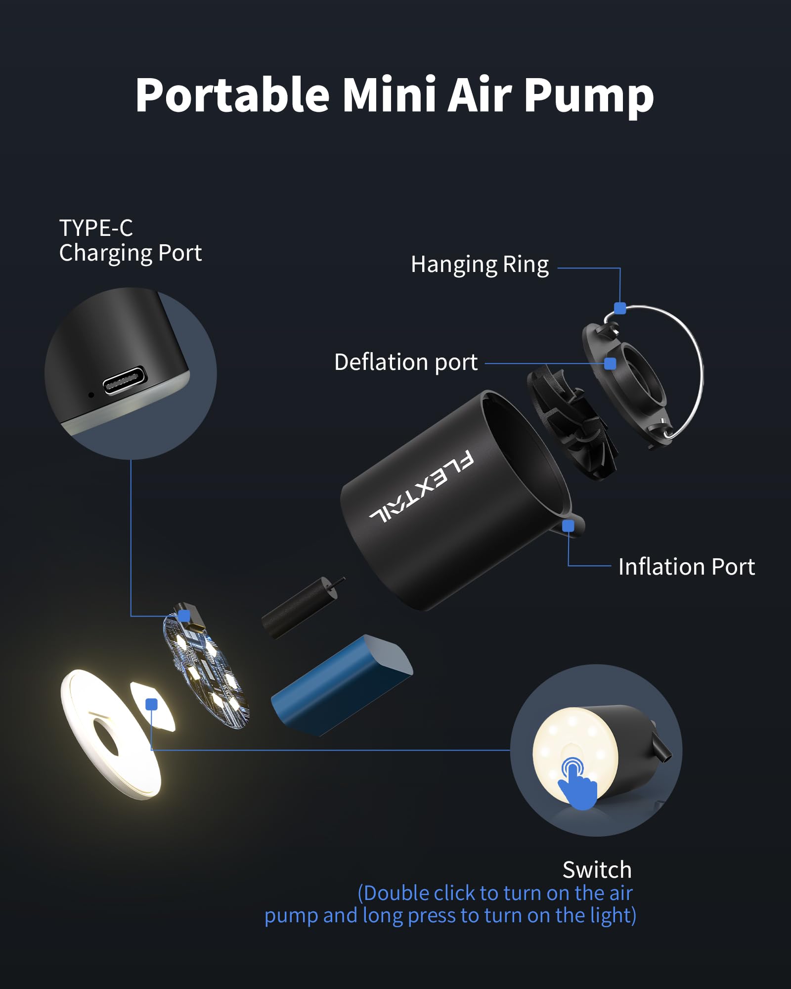 FLEXTAILGEAR Mini Pump 2024, pompa ad aria elettrica da 4kPa per materasso ad aria per il gonfiaggio e lo sgonfiaggio, pompa da campeggio ricaricabile per letto ad aria