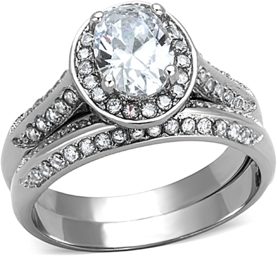 Women's Stainless Steel Round Cut Solitaire Engagement Wedding Set