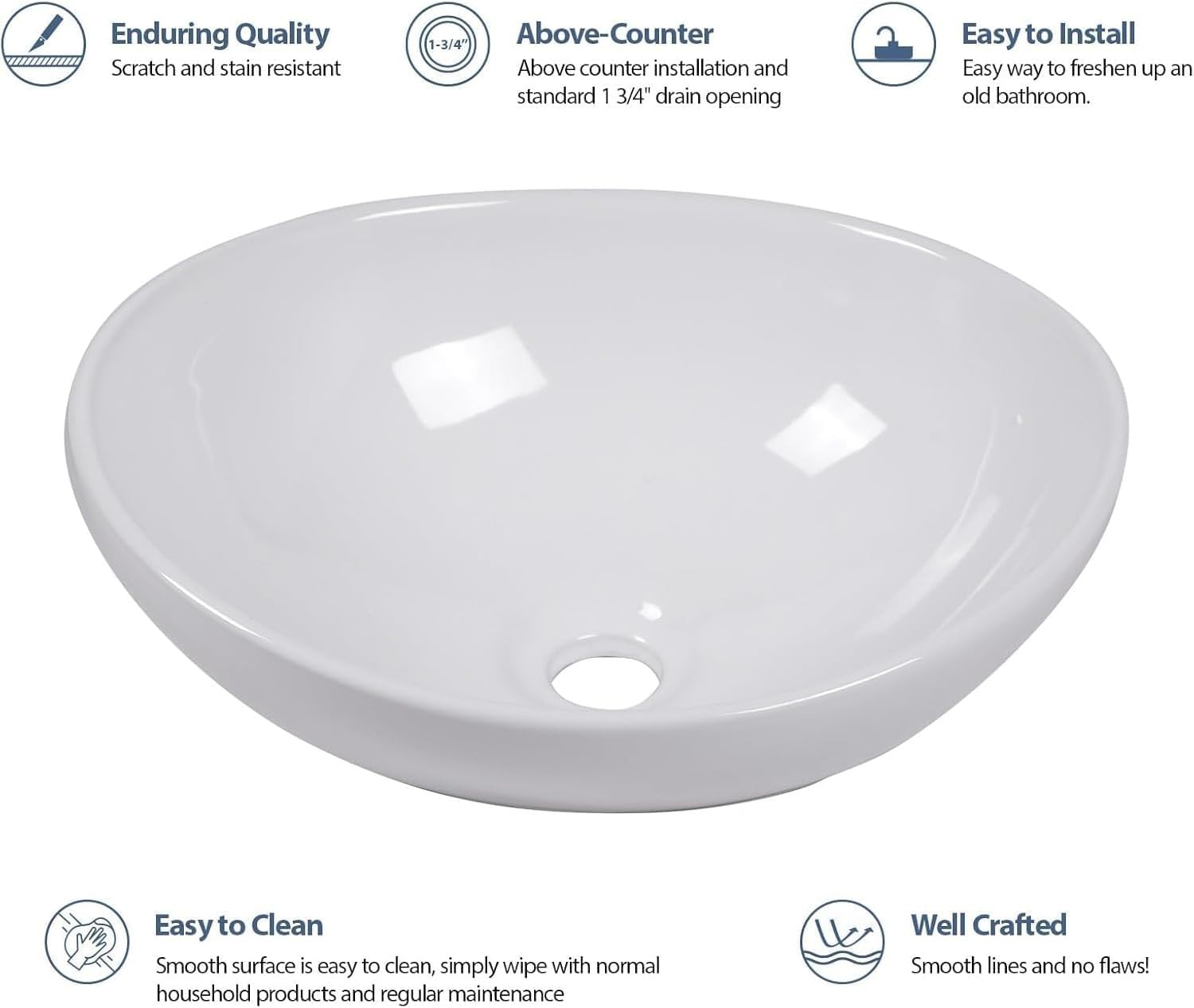 Oval Vessel Sink, Modern Egg Shape Above Counter Bathroom Basin, White Porcelain Ceramic, 16x13 Inch