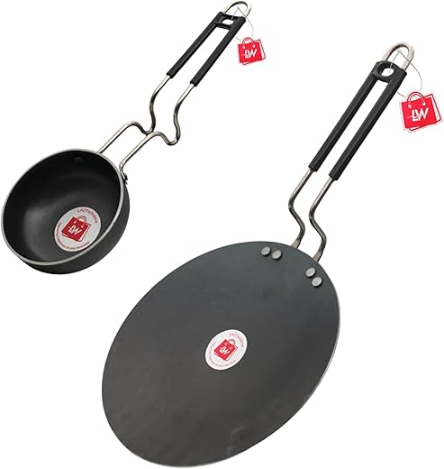 LAZYwindow Traditional Iron Tawa and Tadka Pan with Grip Type Handle Combo Pack (Base Black)