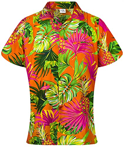 KING KAMEHA Funky Hawaiian Blouse Shirt, Shortsleeve, Print Pineapple Leaves, Orange, S