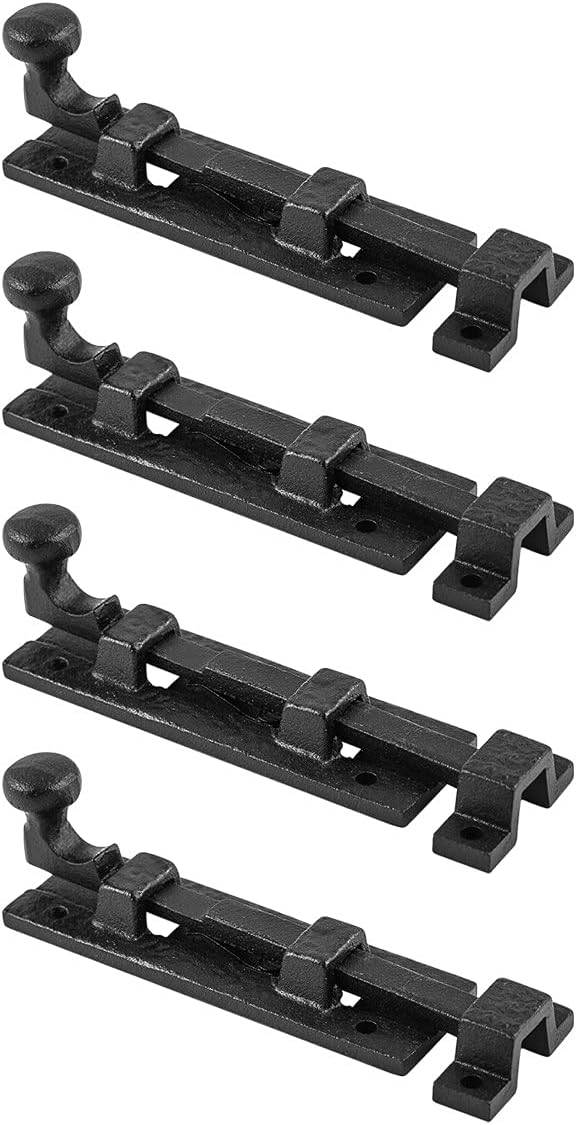 Renovators Supply Manufacturing Slide Bolt Latch 4 in. Black Wrought Iron Slide Bolt with Catch and Mounting Hardware Pack of 4
