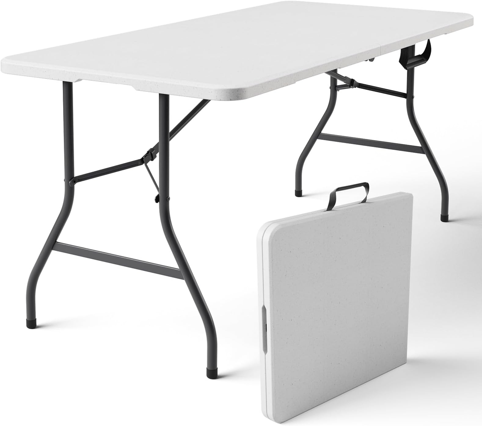 Folding Table 5ft - Heavy Duty Fold-in-Half Plastic Table, Portable Utility Tables with Steel Legs for Indoor, Outdoor, Picnic, Camping, Dining, Party (White)