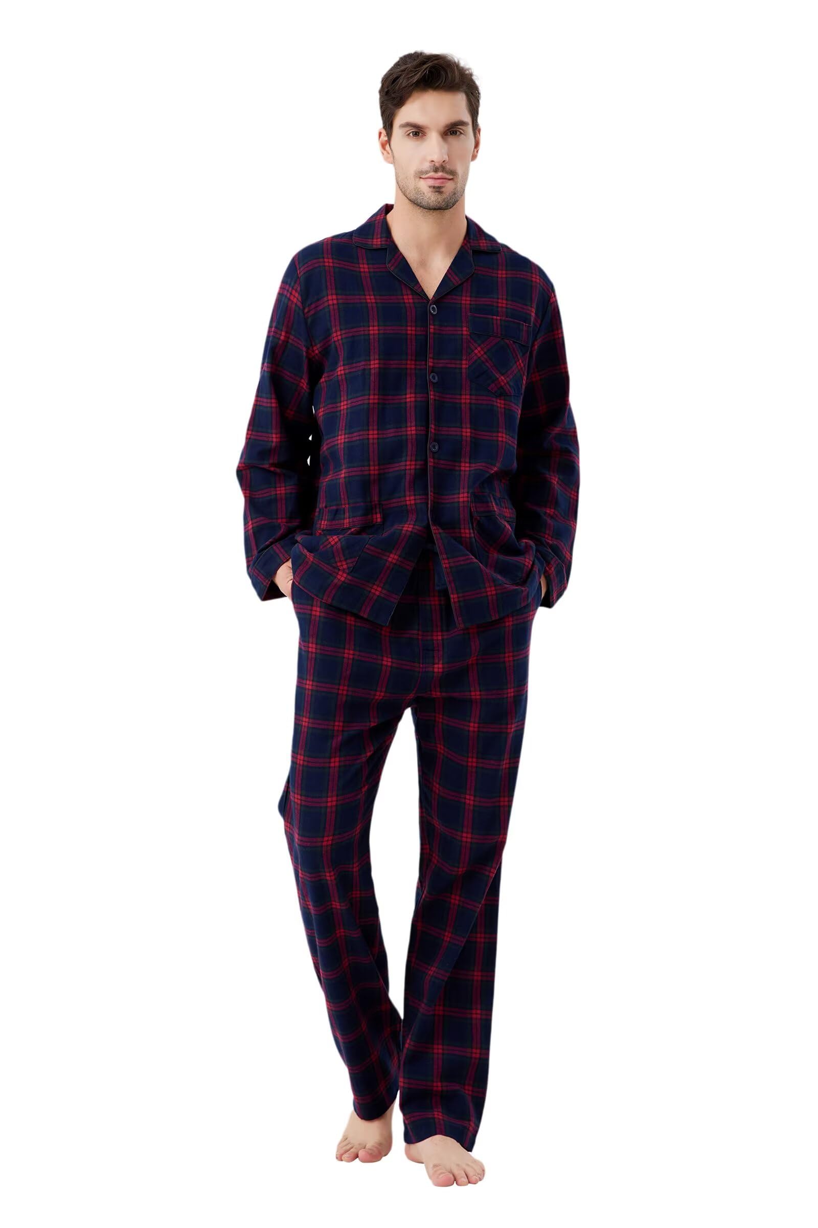 Ensemble de Pyjama d'hiver en Flanelle 100% Coton Teint en Fil avec Poches et Cordon de Serrage à la Taille pour Homme