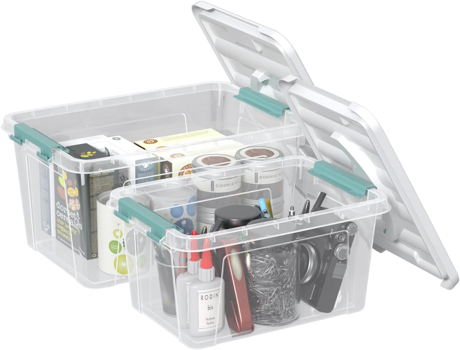 2 Pack Latch Storage Bins with Handles, 7 Quarts & 14 Quarts Clear Plastic Tote Box Container