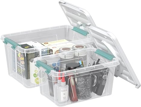 2 Pack Latch Storage Bins with Handles, 7 Quarts & 14 Quarts Clear Plastic Tote Box Container