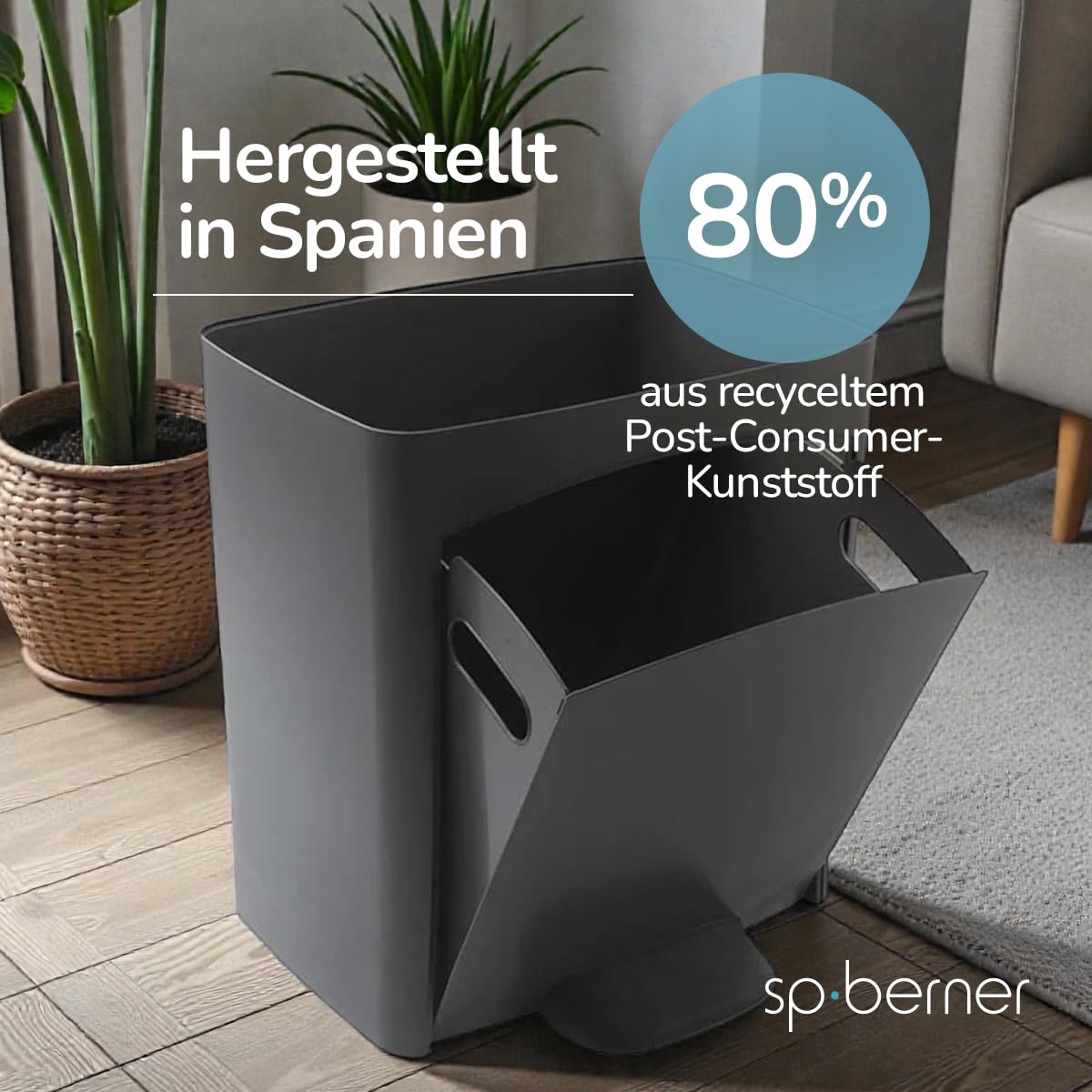 SP Berner – Recycling-Abfalleimer 70 l mit Pedal – 3 Fächer (30 l + 10 l + 30 l) – Ideal für Küche, Haushalt, Büro und Unternehmen – 100% recycelbar – Grau