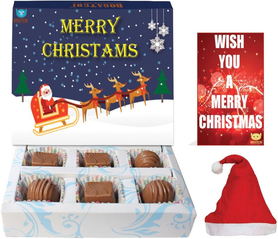 BOGATCHIChristmas Gifts, Merry Christmas Chocolates, Premium Xmas Gift Box, 6 Pieces, Free Santa Cap and Free Merry Christmas Greetings Card