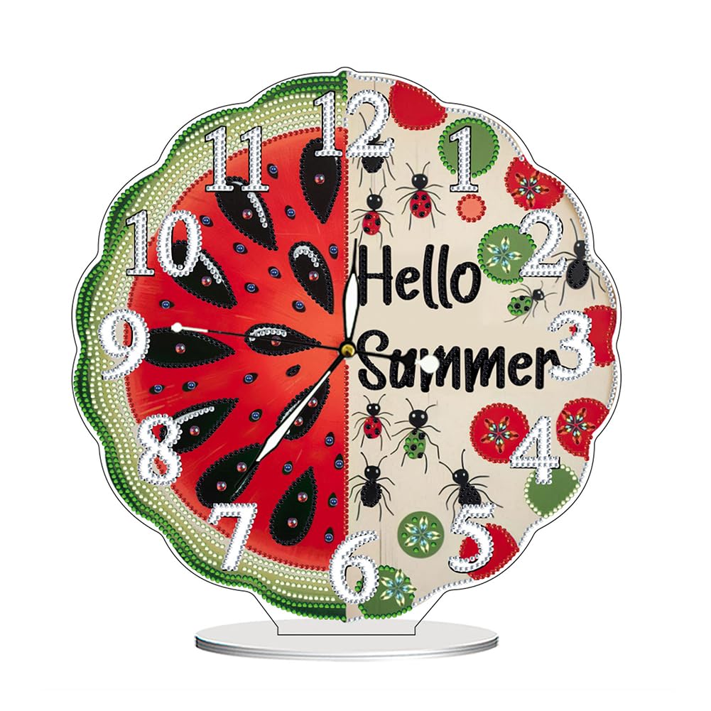 DIY 5D Diamond Art Tabletop Clock Kit - Special Shaped Crystal Desk Clock with Acrylic Base, Gem Art Craft for Home Office Decor, Unique Gift Idea(Summer Watermelon)