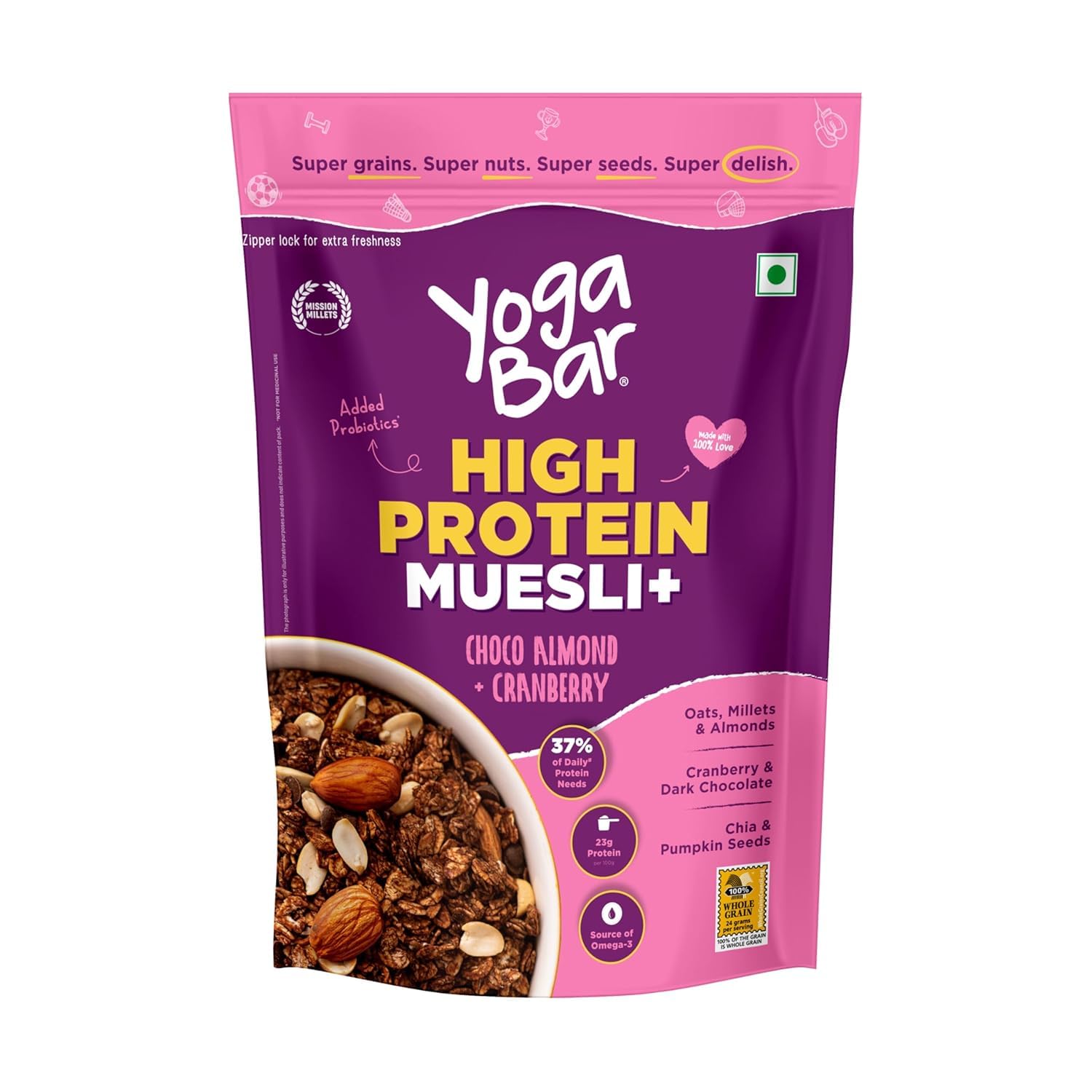 Yogabar Super High Protein Muesli 350g | 21g Protein | With Probiotics and Whey | No Refined Sugar | Easy on gut | Choco Almond | Protein Snack | High Fiber Food | Breakfast Cereal